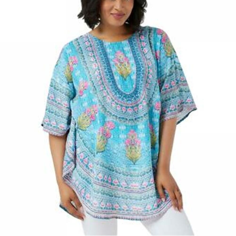 Tolani Collection Narissa Multicolor Printed Caftan Tunic Sz Large Boho Tropical